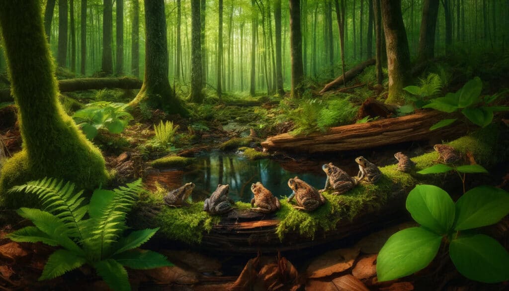 Illustration of several toad species resting on a log by a temporary wetland in a lush forest.