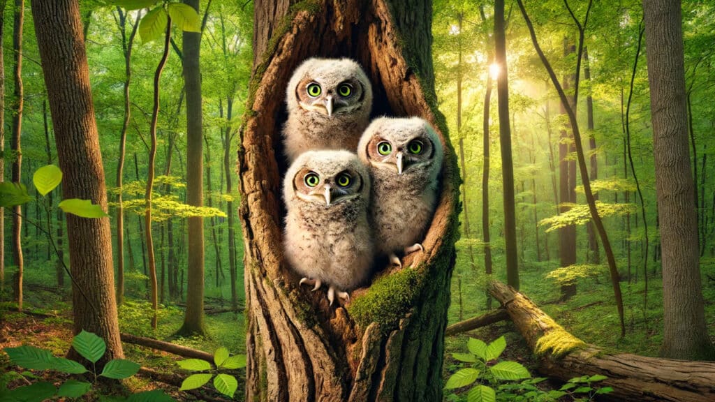 Illustration of three fluffy, baby eastern screech owls in a tree hollow in a forest.