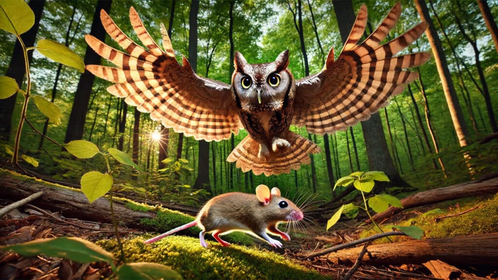 Illustration of a screech owl swooping in on a mouse in the foreground.